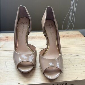Jessica Simpson Beige Patent Peep Toe Heels